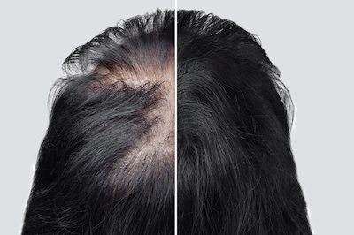 Before and after photos of hair loss treatment showing significant growth